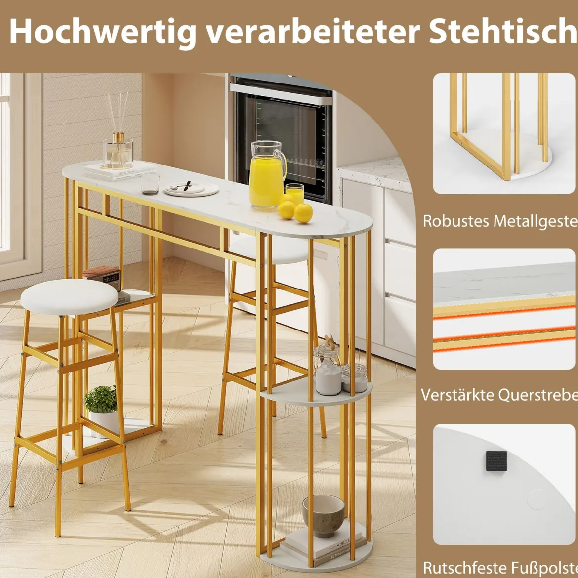 Bartisch mit Stauraum Stehtisch in Marmor-Optik Moderne Küchentheke mit 4 Halbrunde Regale Weiß