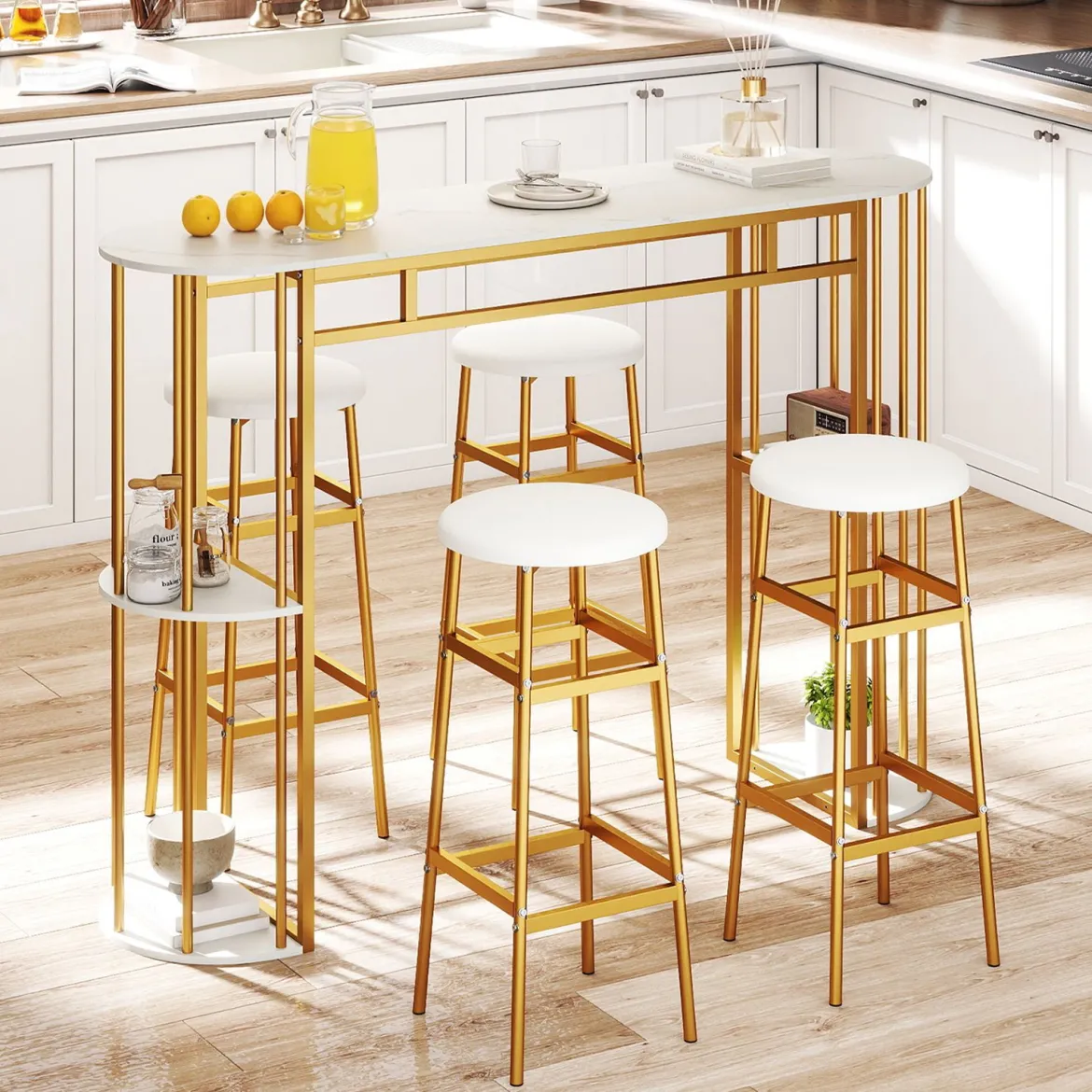 Bartisch mit Stauraum Stehtisch in Marmor-Optik Moderne Küchentheke mit 4 Halbrunde Regale Weiß
