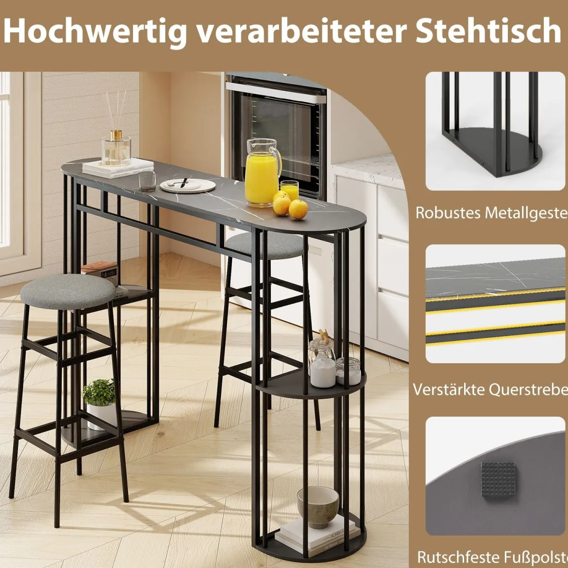 Bartisch mit Stauraum Stehtisch in Marmor-Optik Moderne Küchentheke mit 4 Halbrunde Regale Schwarz