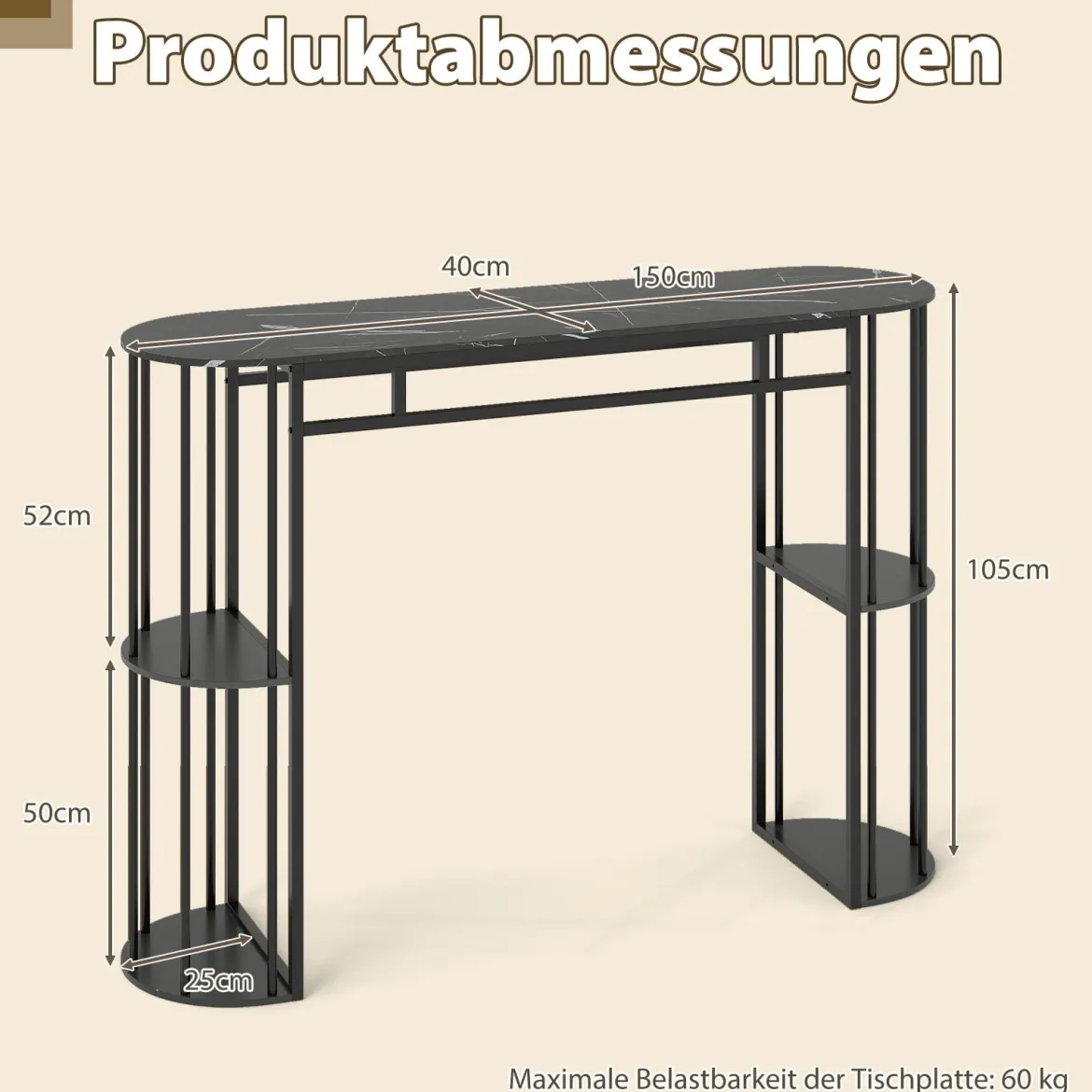 Bartisch mit Stauraum Stehtisch in Marmor-Optik Moderne Küchentheke mit 4 Halbrunde Regale Schwarz