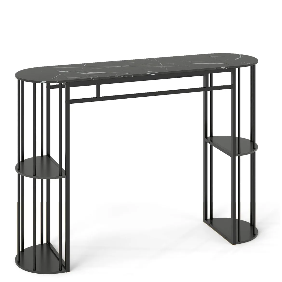 Bartisch mit Stauraum Stehtisch in Marmor-Optik Moderne Küchentheke mit 4 Halbrunde Regale Schwarz