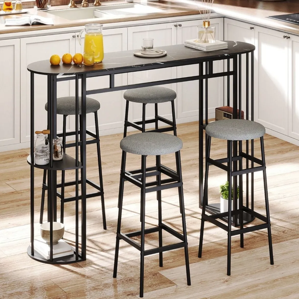 Bartisch mit Stauraum Stehtisch in Marmor-Optik Moderne Küchentheke mit 4 Halbrunde Regale Schwarz