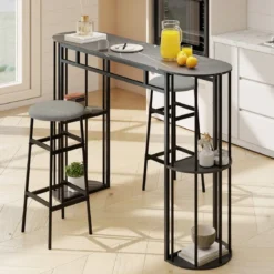 Bartisch mit Stauraum Stehtisch in Marmor-Optik Moderne Küchentheke mit 4 Halbrunde Regale Schwarz
