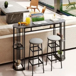 Bartisch mit Stauraum Stehtisch in Marmor-Optik Moderne Küchentheke mit 4 Halbrunde Regale Schwarz