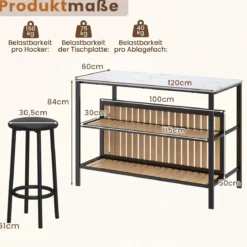 Bartisch Set 3-teilige Essgruppe in Edler Marmoroptik Stehtisch mit 2 Barhockern
