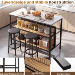 Bartisch Set 3-teilige Essgruppe in Edler Marmoroptik Stehtisch mit 2 Barhockern