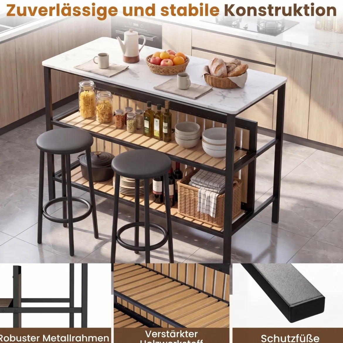 Bartisch Set 3-teilige Essgruppe in Edler Marmoroptik Stehtisch mit 2 Barhockern