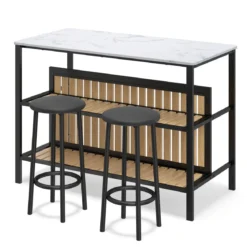 Bartisch Set 3-teilige Essgruppe in Edler Marmoroptik Stehtisch mit 2 Barhockern