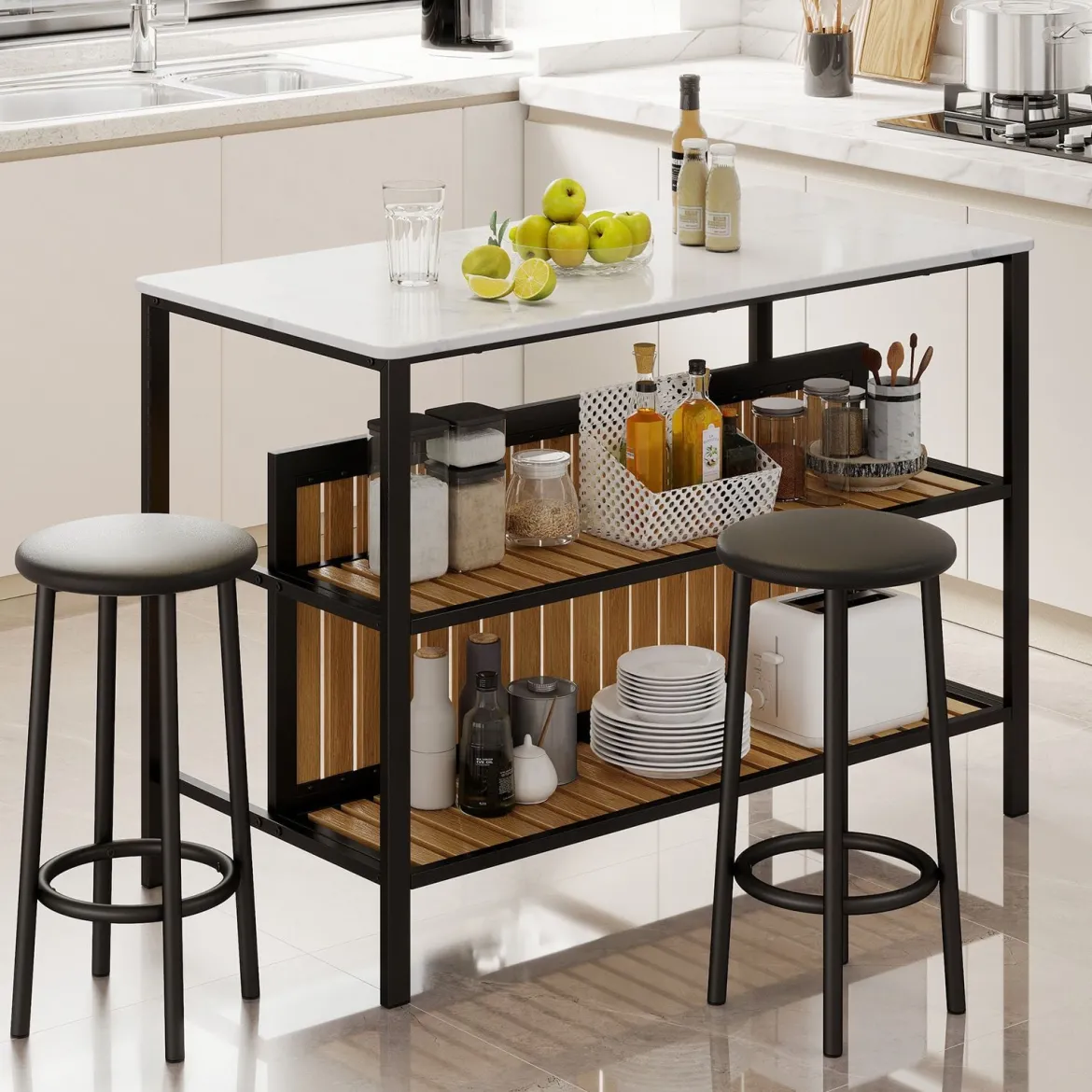 Bartisch Set 3-teilige Essgruppe in Edler Marmoroptik Stehtisch mit 2 Barhockern