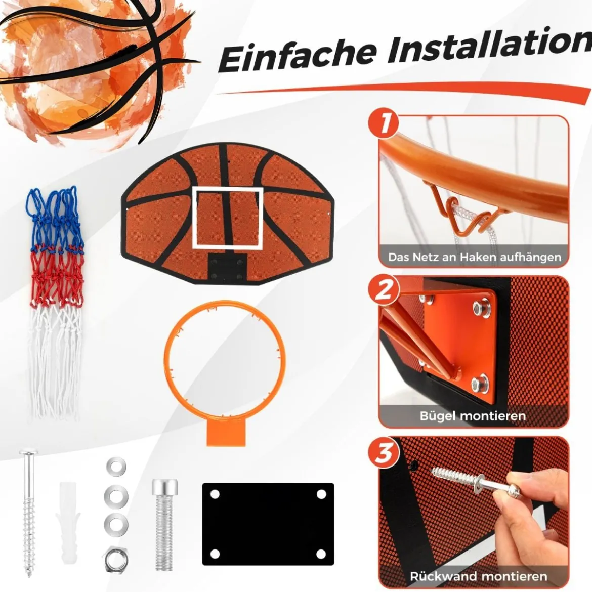 Basketballkorb Indoor Mini Basketball Korb für Wandmontage 66 x 44,5 cm Rückenwand Schwarz + Rot