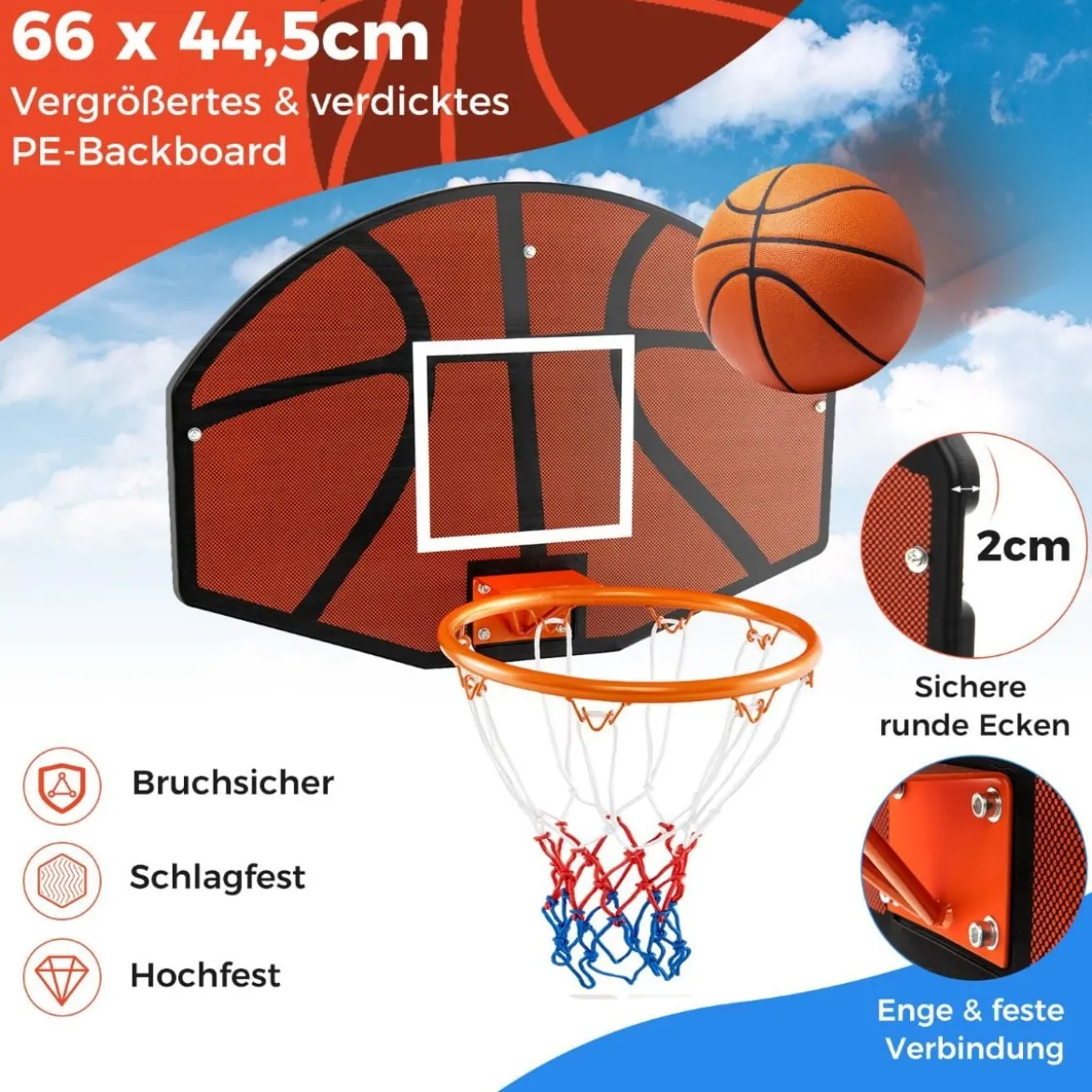 Basketballkorb Indoor Mini Basketball Korb für Wandmontage 66 x 44,5 cm Rückenwand Schwarz + Rot