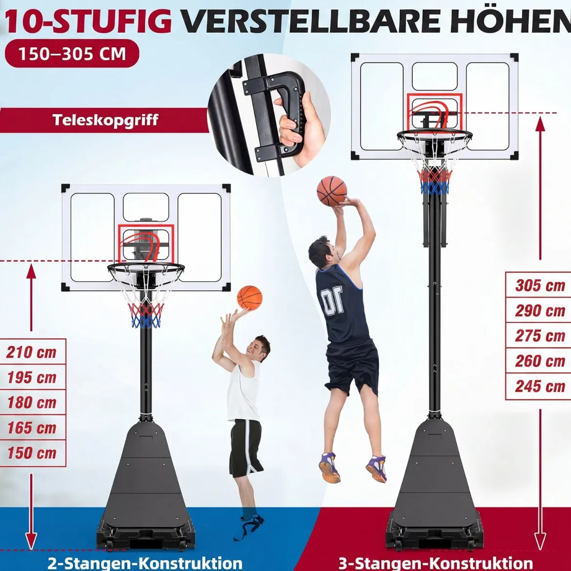 Basketballkorb mit Rollen 150-305 cm Höhenverstellbarer Basketballständer mit PC-Rückwand