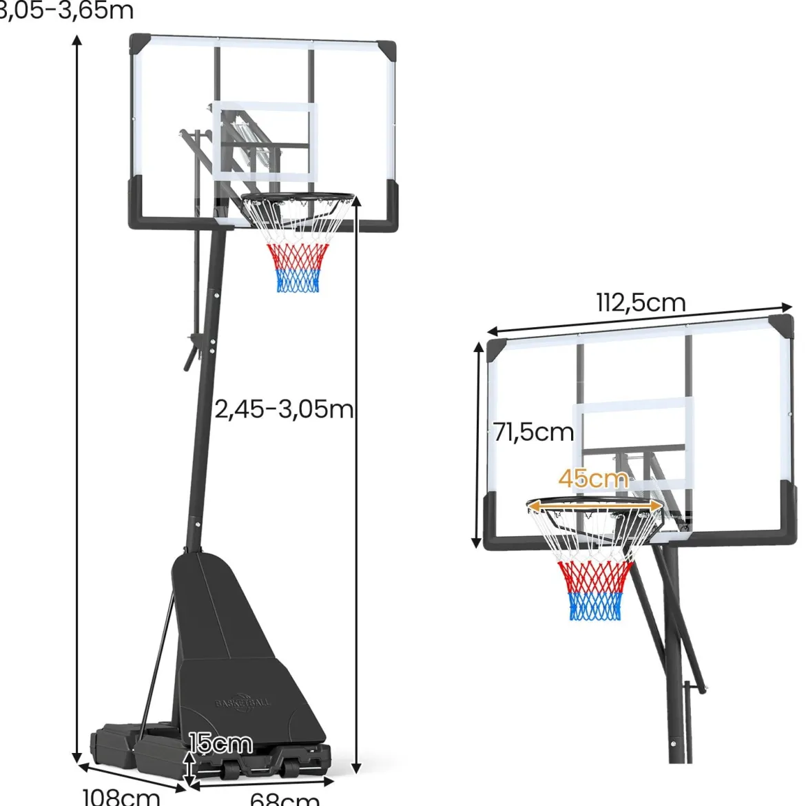 Basketballkorb mit Ständer 245–305 cm Höhenverstellbare Basketballanlage mit Ballrücklauf