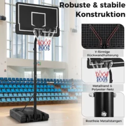 Basketballkorb Outdoor Basketballständer 210-260 cm höhenverstellbar auf Rädern Schwarz