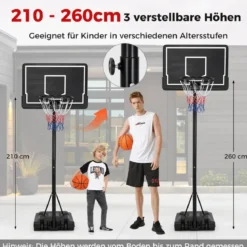 Basketballkorb Outdoor Basketballständer 210-260 cm höhenverstellbar auf Rädern Schwarz