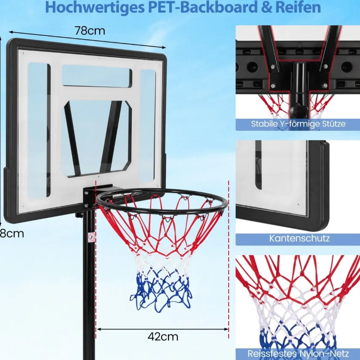 Basketballkorb outdoor Basketballständer 172-305cm höhenverstellbar Korbanlage mit abnehmbarem Mittelrohr