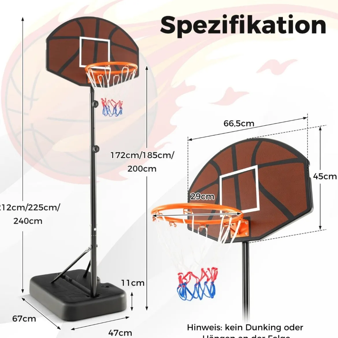 Basketballkorb Outdoor Basketballständer 172-200cm höhenverstellbar Basketballanlage Schwarz