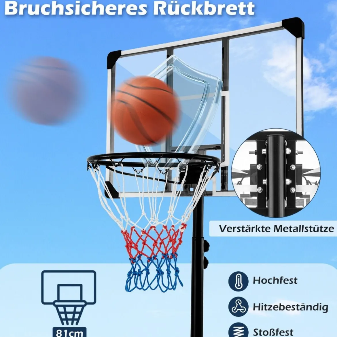 Basketballlkorb outdoor Basketballständer 176-206 cm höhenverstellbar mobile Korbanlage mit Rückwand Schwarz