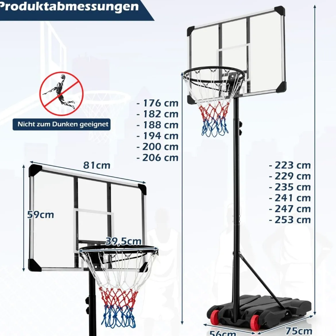Basketballlkorb outdoor Basketballständer 176-206 cm höhenverstellbar mobile Korbanlage mit Rückwand Schwarz