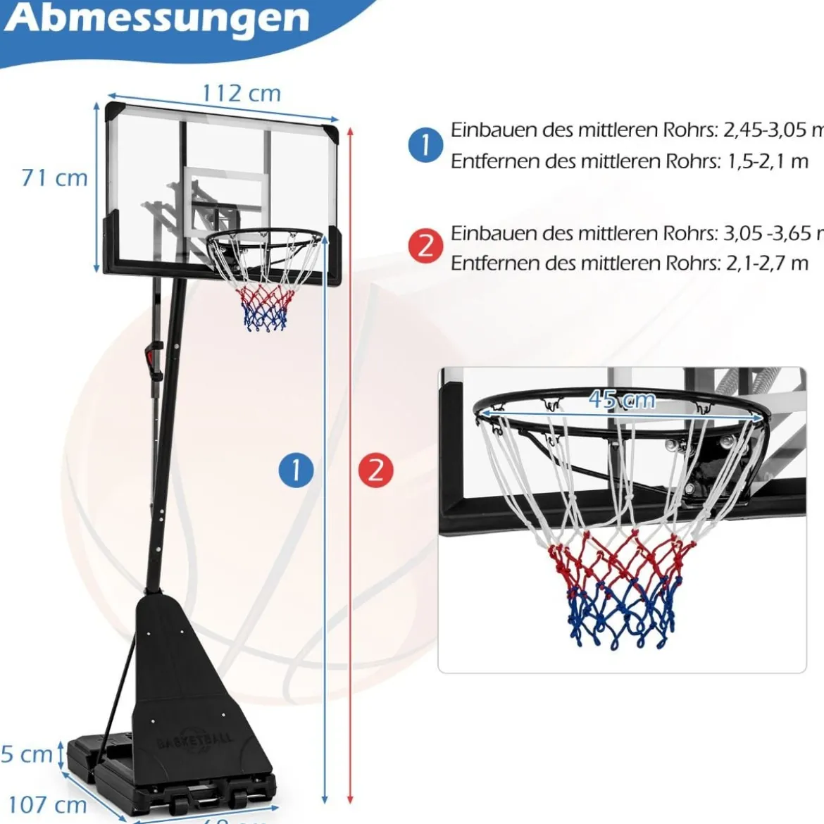 Basketballständer 150-305 cm höhenverstellbar Basketballkorb Outdoor mit Ständer