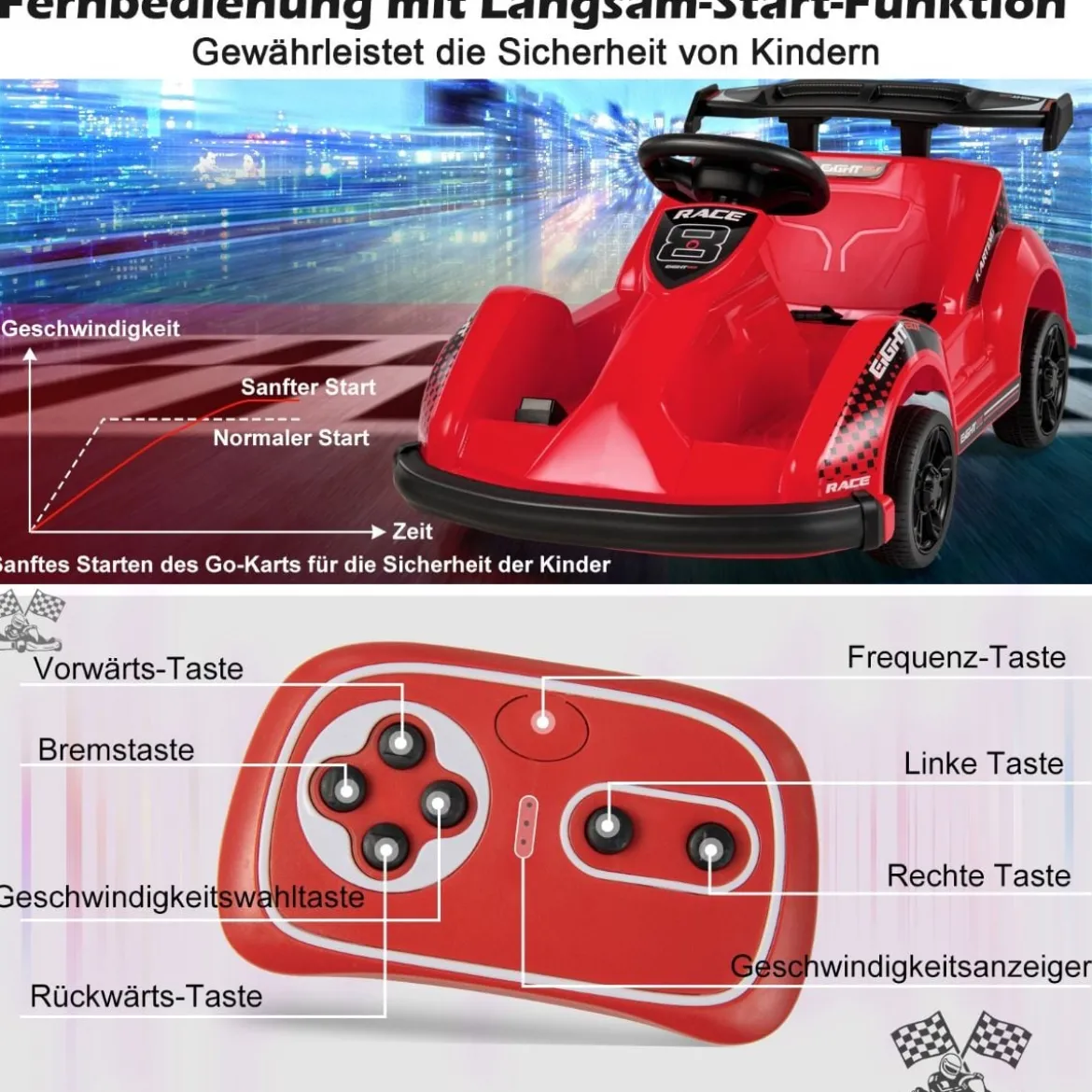Batteriebetriebenes Go-Kart Kinderfahrzeug mit Fernsteuerung 85 x 53 x 40 cm Rot