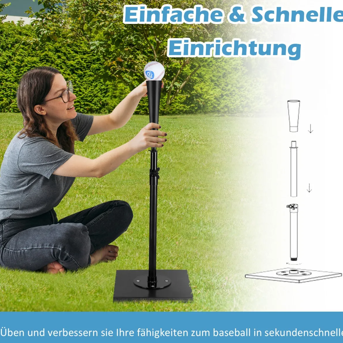Batting Tees Teeständer 63,5-91,5 cm höhenverstellbar Baseballstativ tragbar mit Stabilem Sockel Schwarz