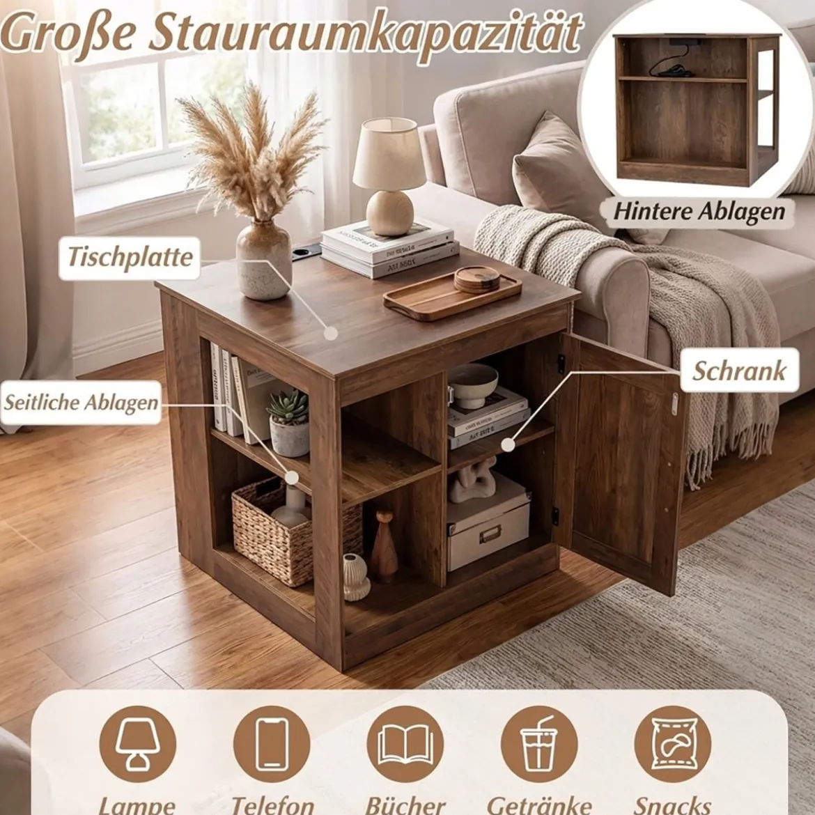 Bauernhaus Nachtisch mit Ladestation Nachtschrank mit verstellbarem Regal Schrank Braun