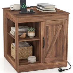 Bauernhaus Nachtisch mit Ladestation Nachtschrank mit verstellbarem Regal Schrank Braun