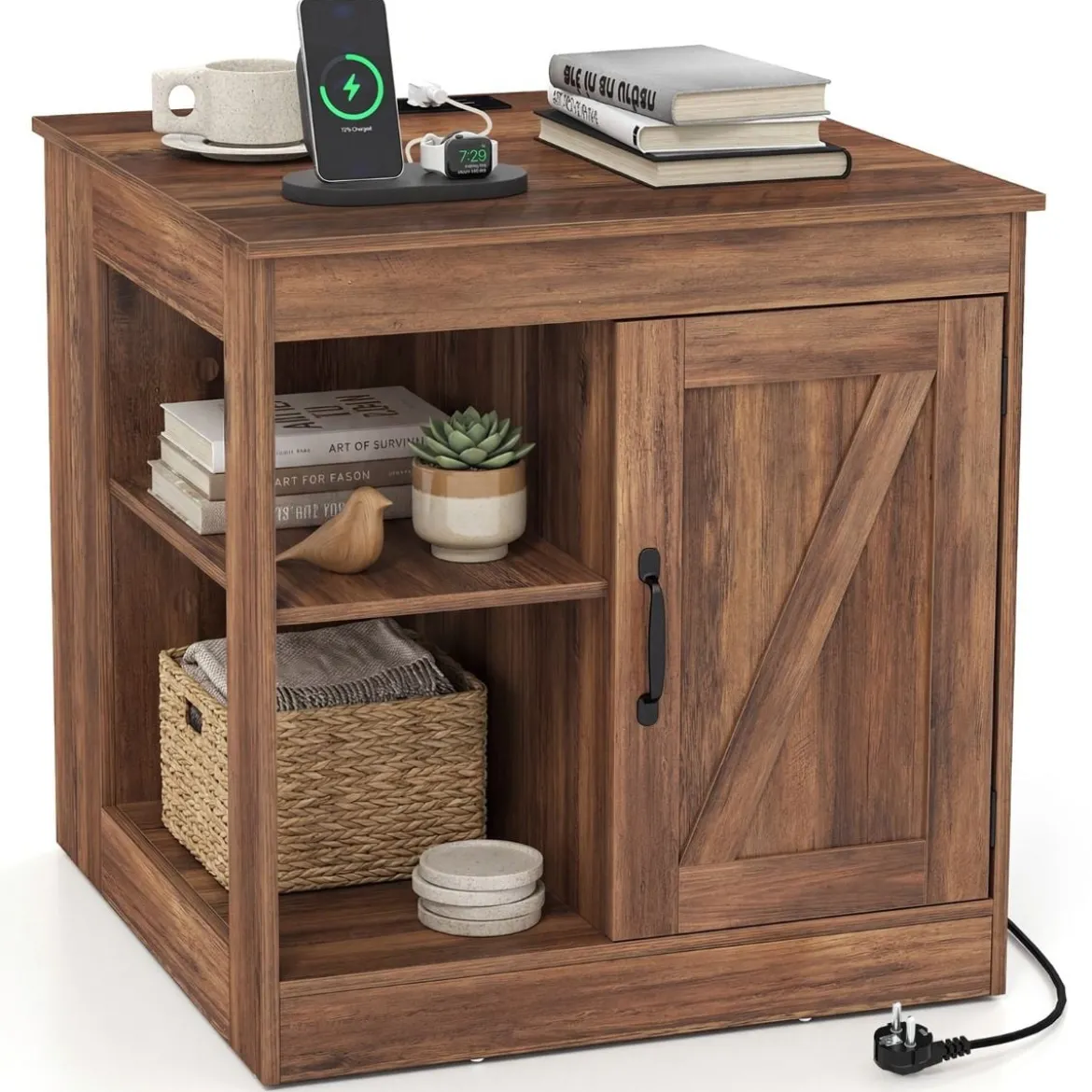 Bauernhaus Nachtisch mit Ladestation Nachtschrank mit verstellbarem Regal Schrank Braun
