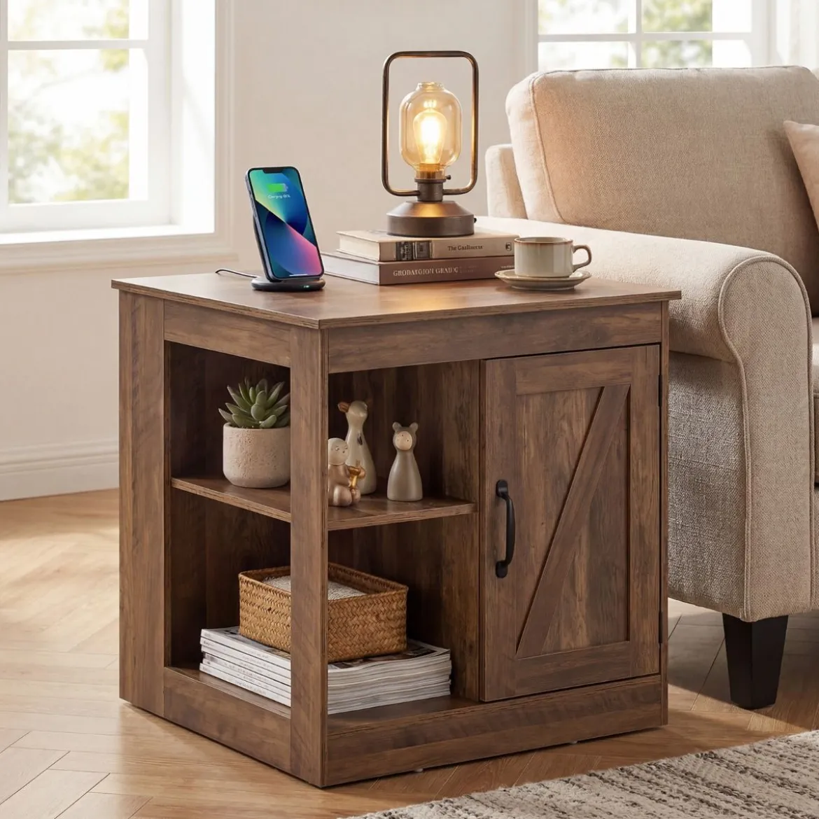 Bauernhaus Nachtisch mit Ladestation Nachtschrank mit verstellbarem Regal Schrank Braun