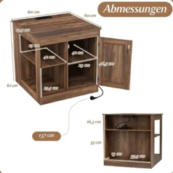 Bauernhaus Nachtisch mit Ladestation Nachtschrank mit verstellbarem Regal Schrank Braun