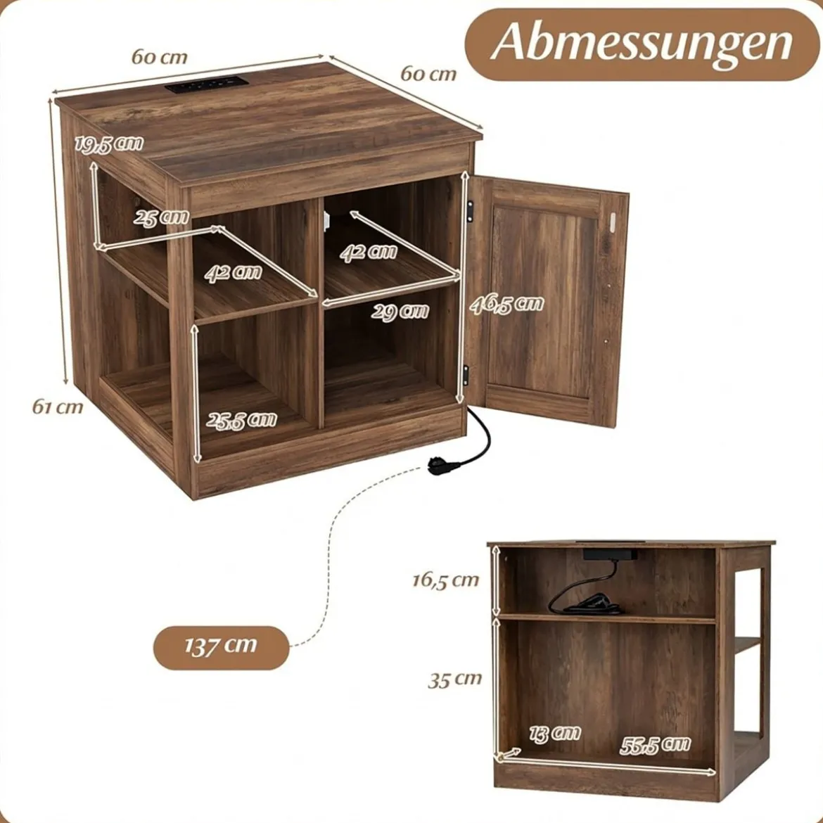 Bauernhaus Nachtisch mit Ladestation Nachtschrank mit verstellbarem Regal Schrank Braun