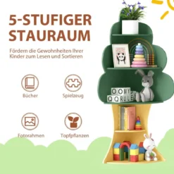 Baum-Design Kinder Bücherregal aus Holz 5 Ebenen Kinderregal Spielzeugregal Grün