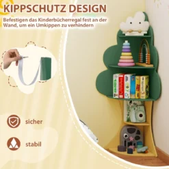 Baum-Design Kinder Bücherregal aus Holz 5 Ebenen Kinderregal Spielzeugregal Grün