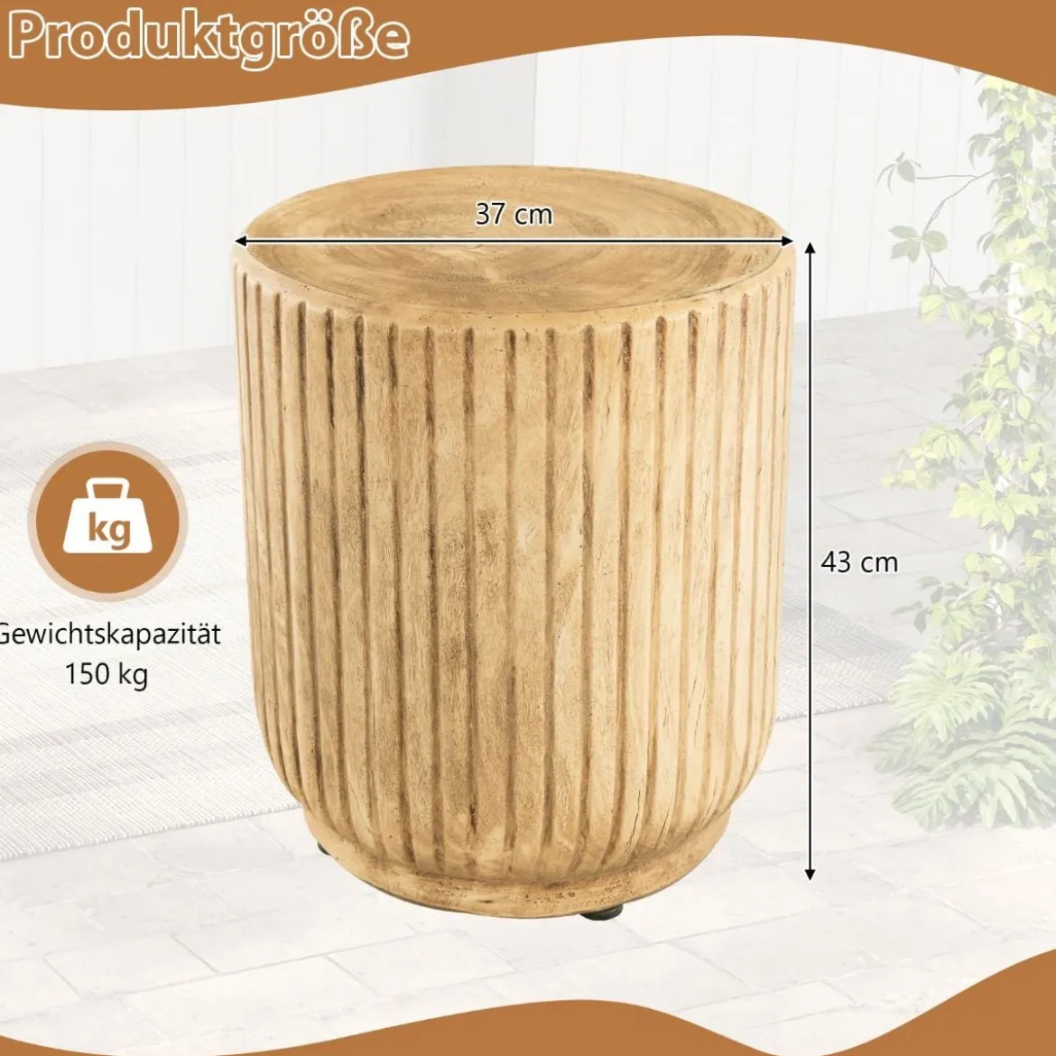 Baumstumpfförmiger Beistelltisch für den Außenbereich 43 cm hoher holzähnlicher Terrassenhocker Natur