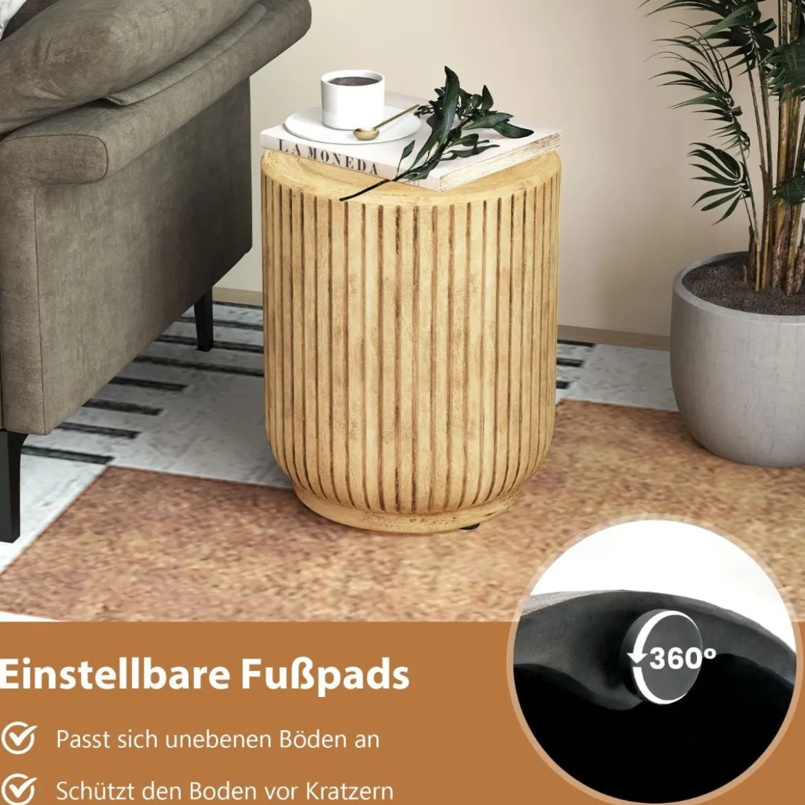 Baumstumpfförmiger Beistelltisch für den Außenbereich 43 cm hoher holzähnlicher Terrassenhocker Natur