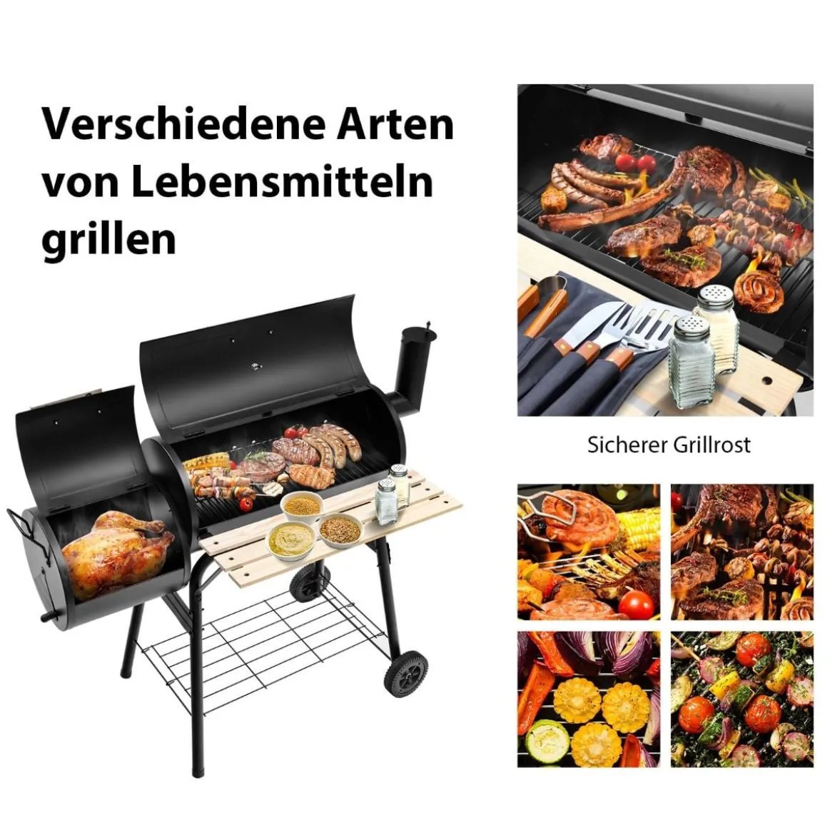 BBQ-Holzkohlegrill mit Rädern Grillwagen mit Deckel Outdoor-Grill 115 x 65 x 108 cm Schwarz