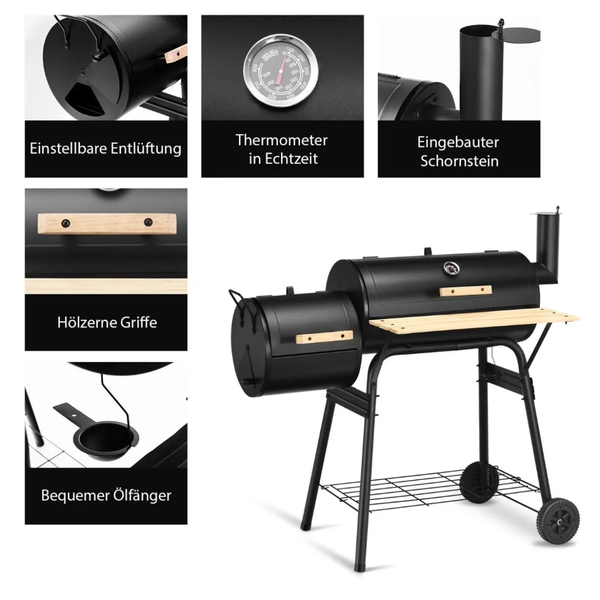 BBQ-Holzkohlegrill mit Rädern Grillwagen mit Deckel Outdoor-Grill 115 x 65 x 108 cm Schwarz