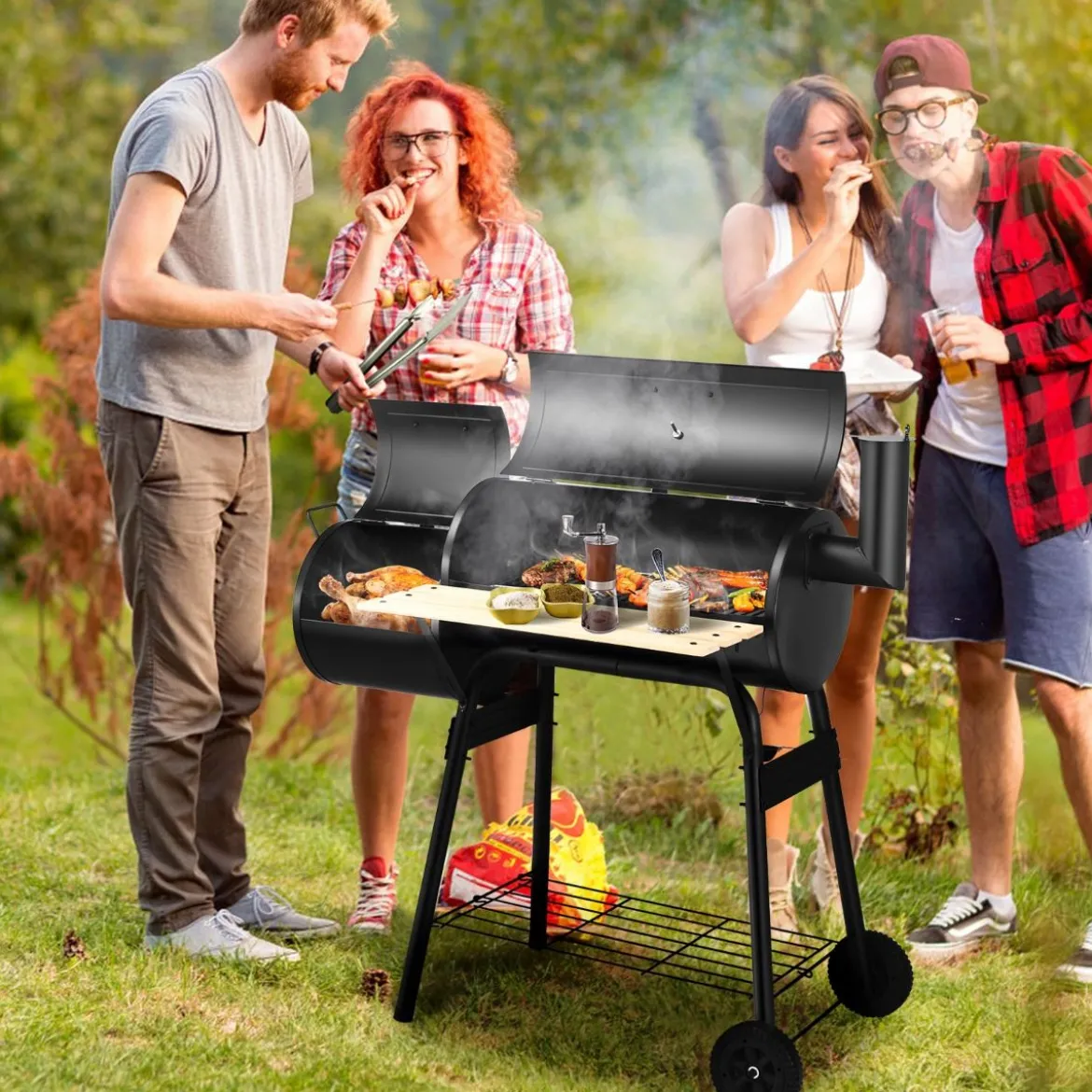 BBQ-Holzkohlegrill mit Rädern Grillwagen mit Deckel Outdoor-Grill 115 x 65 x 108 cm Schwarz
