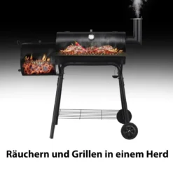 BBQ-Holzkohlegrill mit Rädern Grillwagen mit Deckel Outdoor-Grill 115 x 65 x 108 cm Schwarz