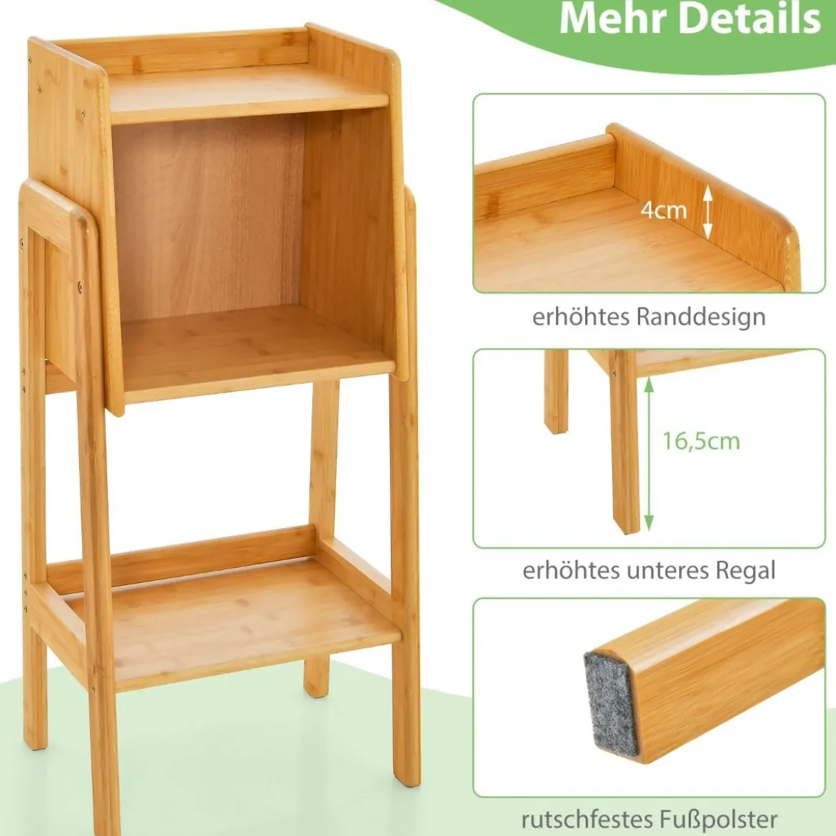 Bücherregal aus Bambus 3-stufiges mit Beinen & erhöhtem Kantendesign modernes Aufbewahrungsregal