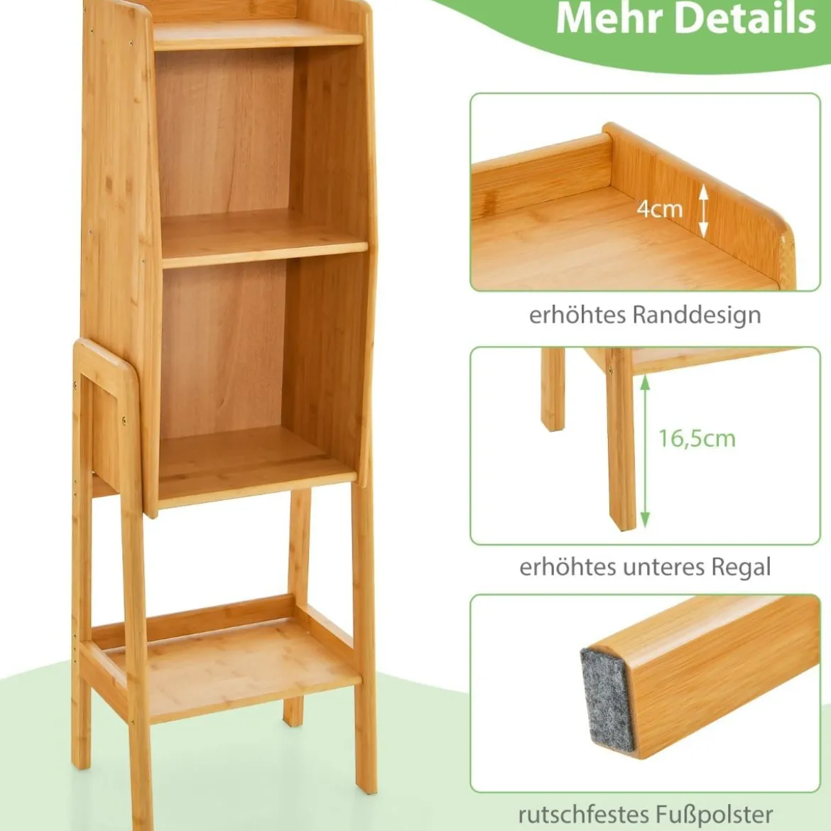 Bücherregal aus Bambus 4-stufiges mit Beinen & erhöhtem Kantendesign modernes Aufbewahrungsregal