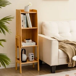 Bücherregal aus Bambus 4-stufiges mit Beinen & erhöhtem Kantendesign modernes Aufbewahrungsregal