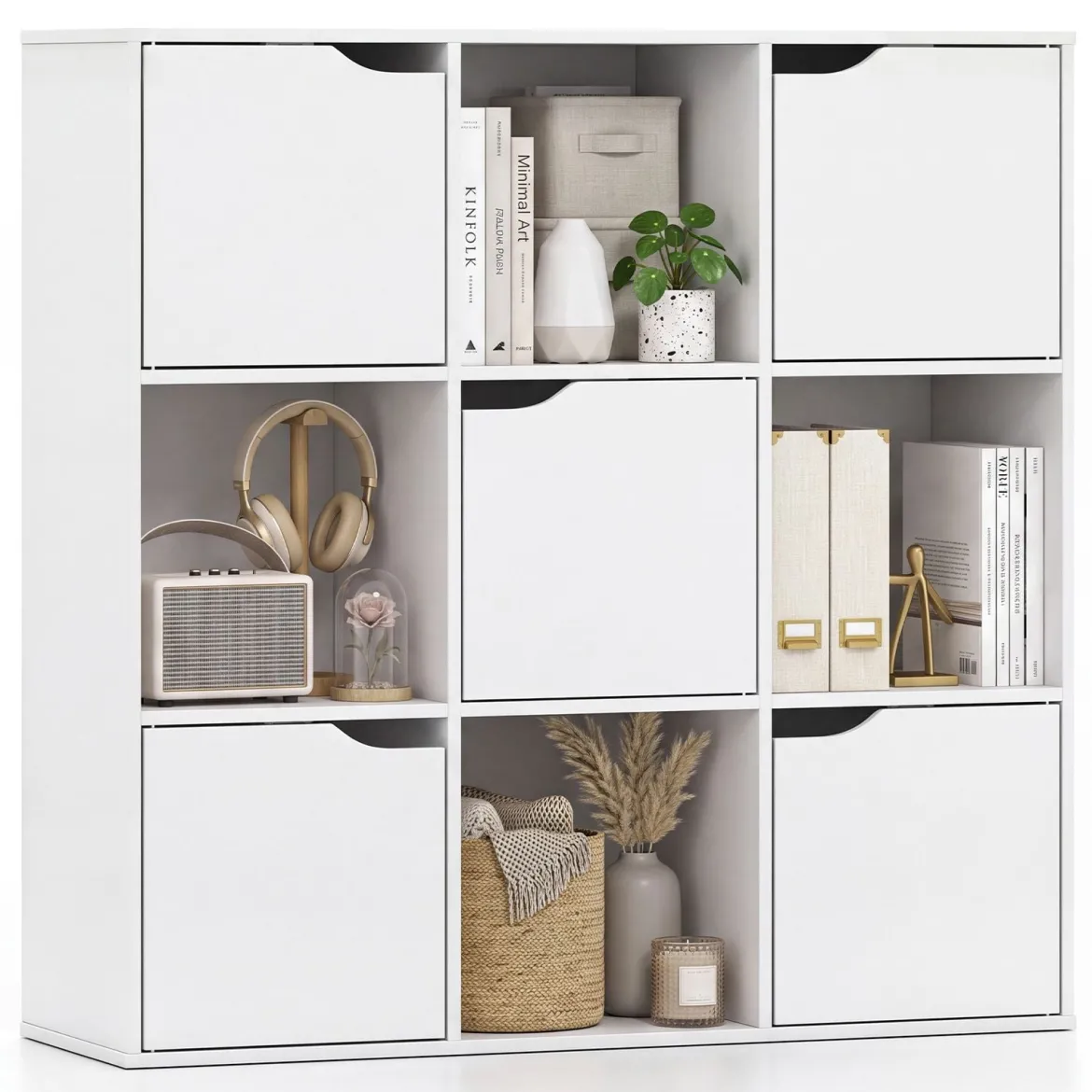 Bücherregal aus Holz Bücherschrank mit 9 Würfeln & 5 Türen Würfelregal mit Kippschutz Weiß
