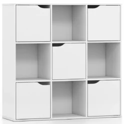 Bücherregal aus Holz Bücherschrank mit 9 Würfeln & 5 Türen Würfelregal mit Kippschutz Weiß