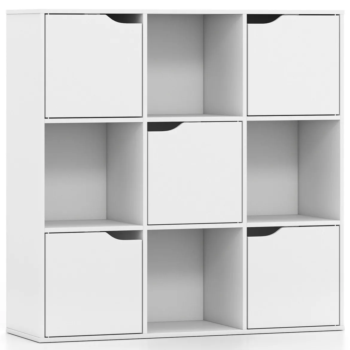 Bücherregal aus Holz Bücherschrank mit 9 Würfeln & 5 Türen Würfelregal mit Kippschutz Weiß