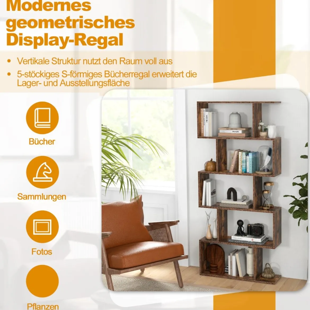 Bücherregal aus Holz mit 5 Ebenen & Kippschutz Freistehender Raumteiler Standregal Vintagebraun