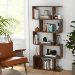 Bücherregal aus Holz mit 5 Ebenen & Kippschutz Freistehender Raumteiler Standregal Vintagebraun