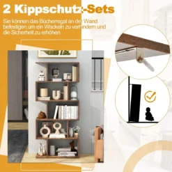 Bücherregal aus Holz mit 5 Ebenen & Kippschutz Freistehender Raumteiler Standregal Vintagebraun
