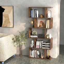 Bücherregal aus Holz mit 5 Ebenen & Kippschutz Freistehender Raumteiler Standregal Vintagebraun